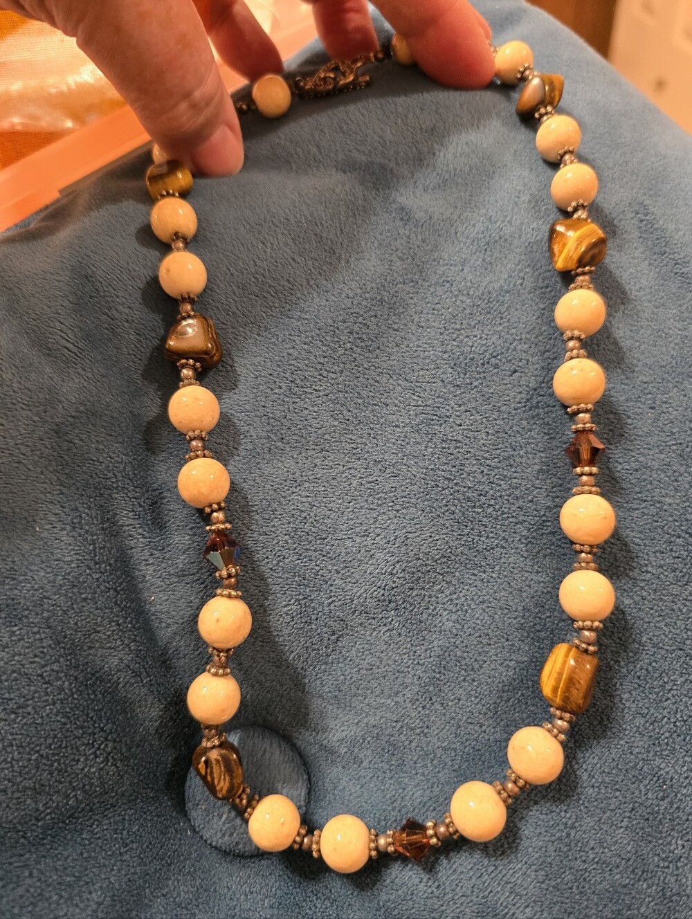 Handcrafted Brown Tigers Eye & Cream Colored Marble & BrownCrystal Bead Necklace